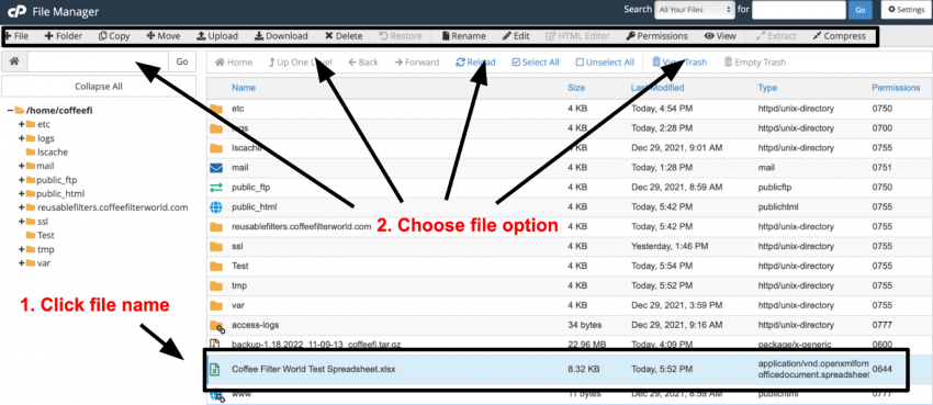 cPanel File Manager - file options