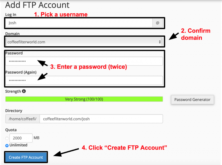 cPanel Add FTP Account form