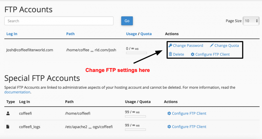 cPanel FTP Accounts list