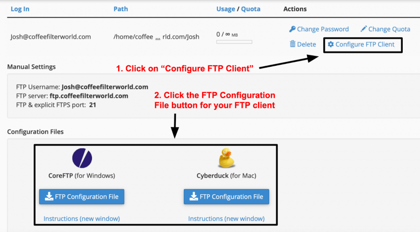 cPanel configure FTP client