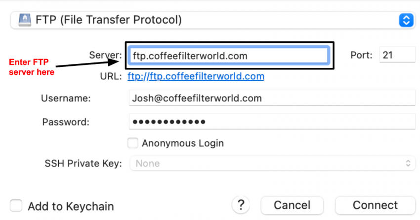 FTP client open connection login