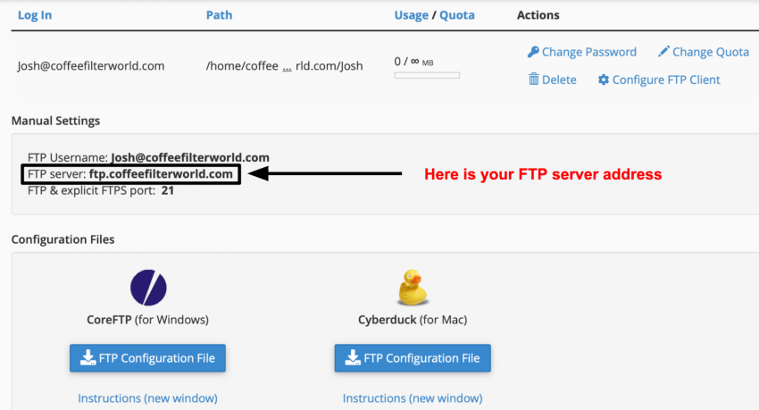 cPanel FTP Accounts page - FTP server address