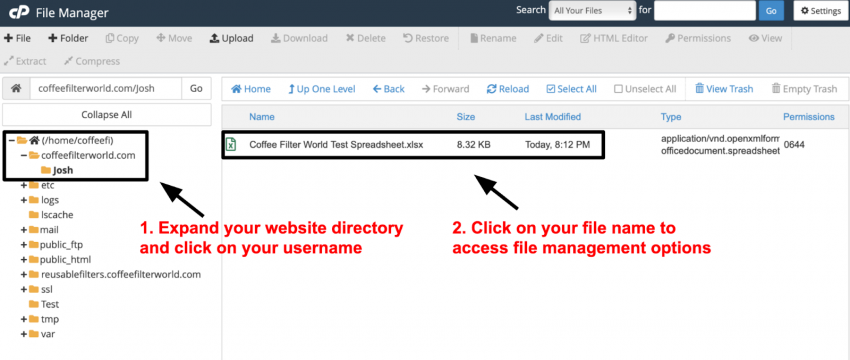cPanel File Manager - website directory file location