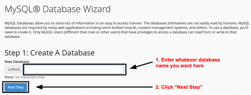 MySQL Database Wizard Step 1