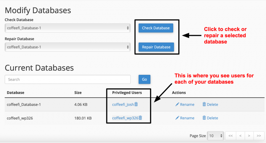 cPanel MySQL Databases - Modify Databases and Current Databases