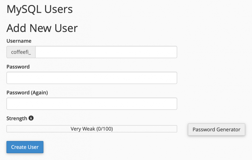 cPanel MySQL Databases - Add New User