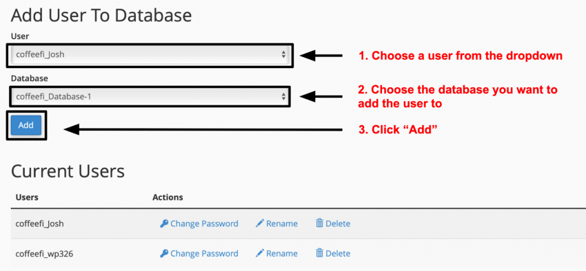 cPanel MySQL Databases - Add User to Database and Current Users