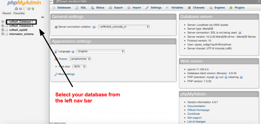 phpMyAdmin database selection