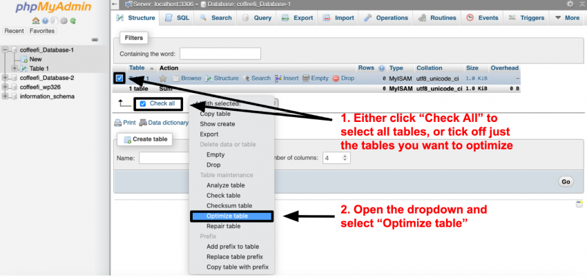 phpMyAdmin table selection and optimization