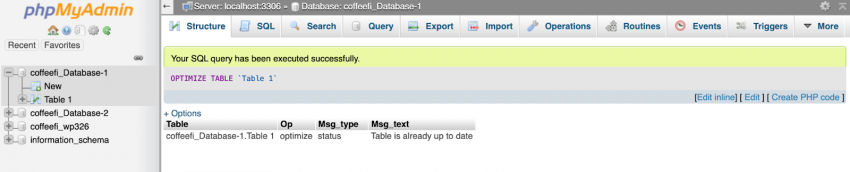 phpMyAdmin successful optimization