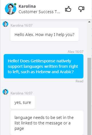 GetResponse support live chat