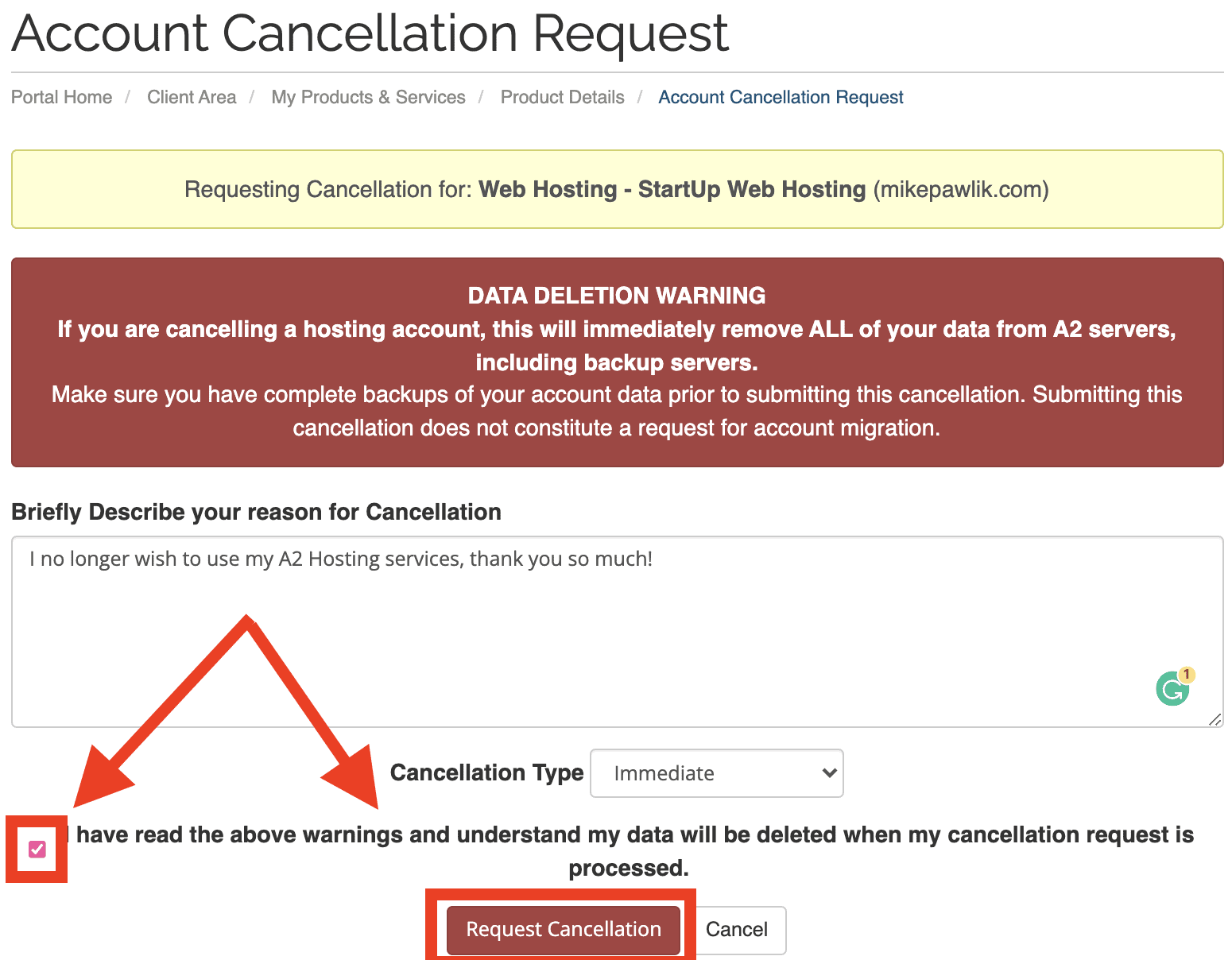 A2 Hosting, services, request cancellation confirmation