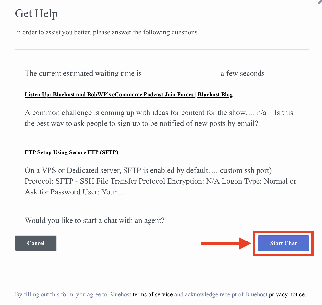 bluehost, start chat