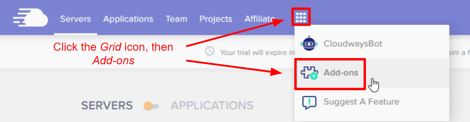 Cloudways platform grid menu