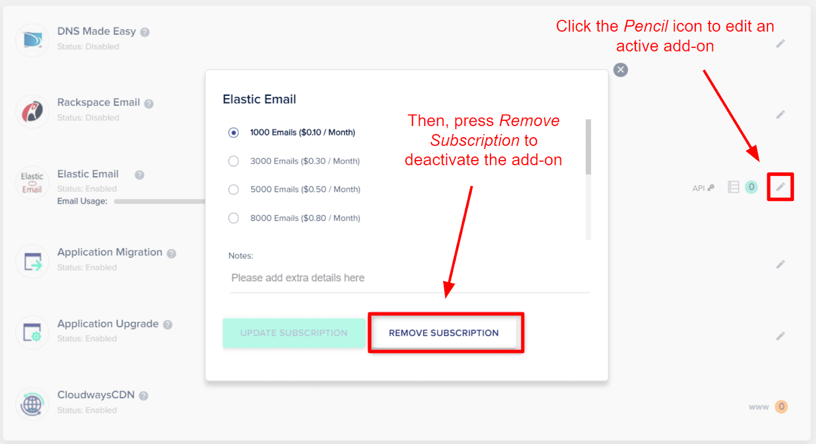 Cloudways add-on removal menu