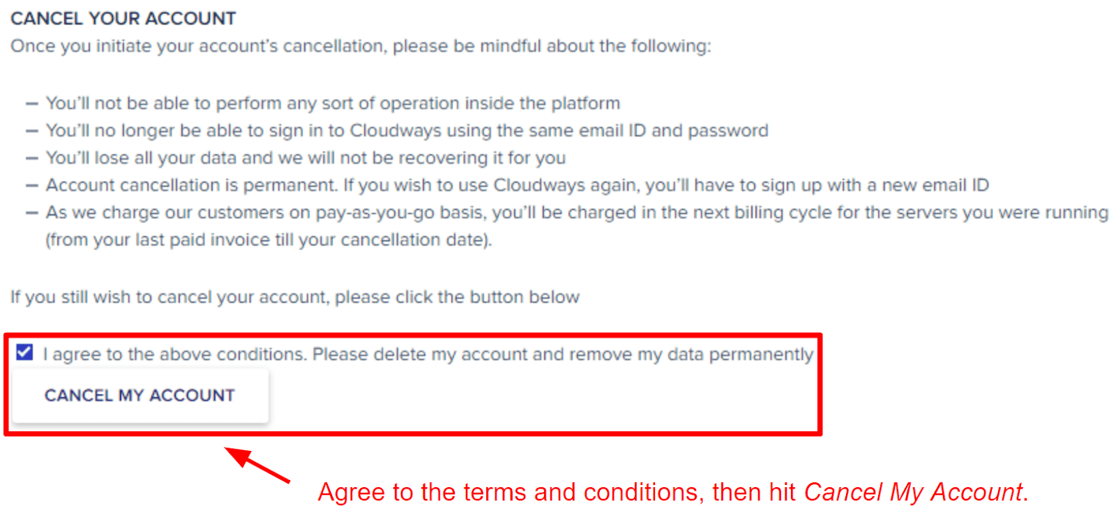 Cloudways cancellation terms and conditions