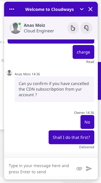 Cloudways live chat support interaction
