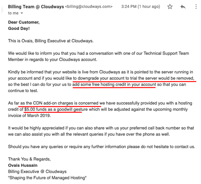 Email from Cloudways support