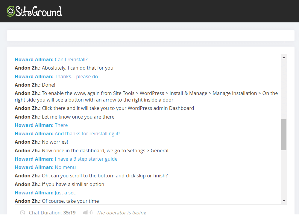 SiteGround live chat conversation