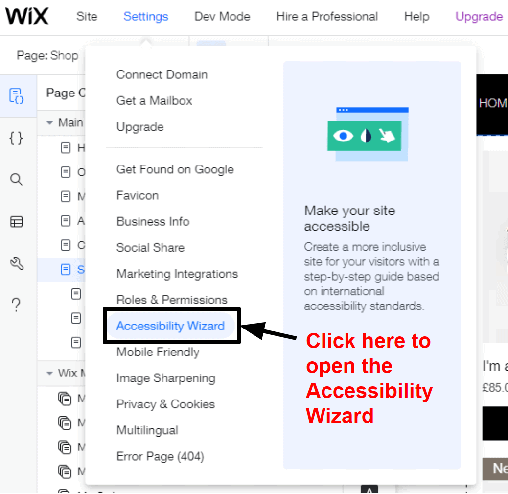 Opening the Accessibility Wizard in Wix
