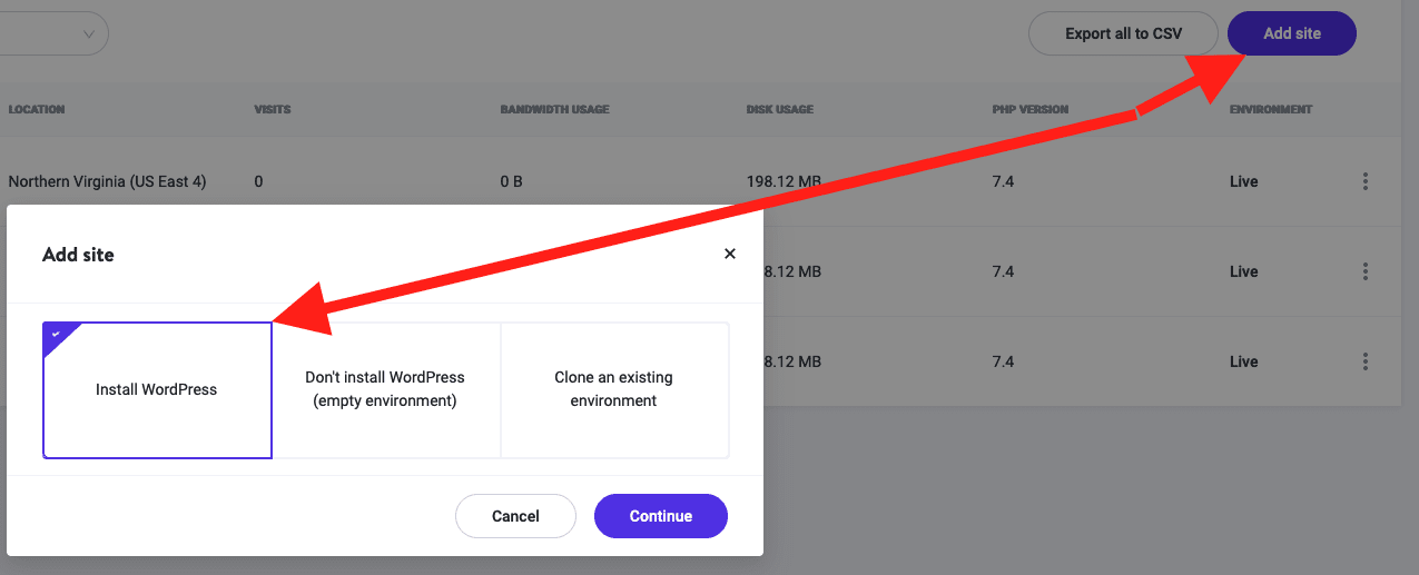 Kinsta, install WordPress