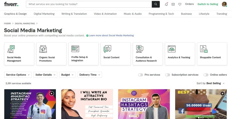 Fiverr freelance social media marketing search result page