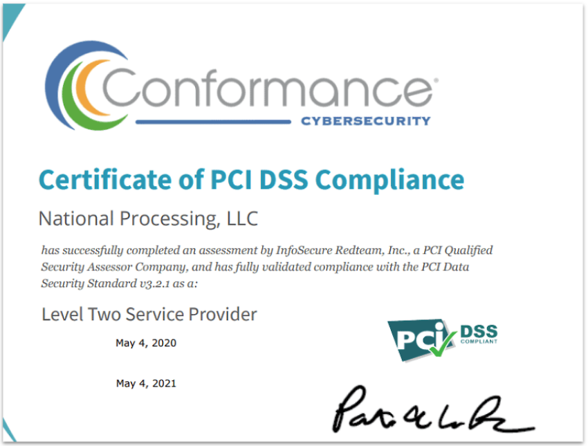 National processing compliance certificate