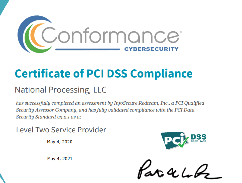 National Processing's PCI compliance certificate