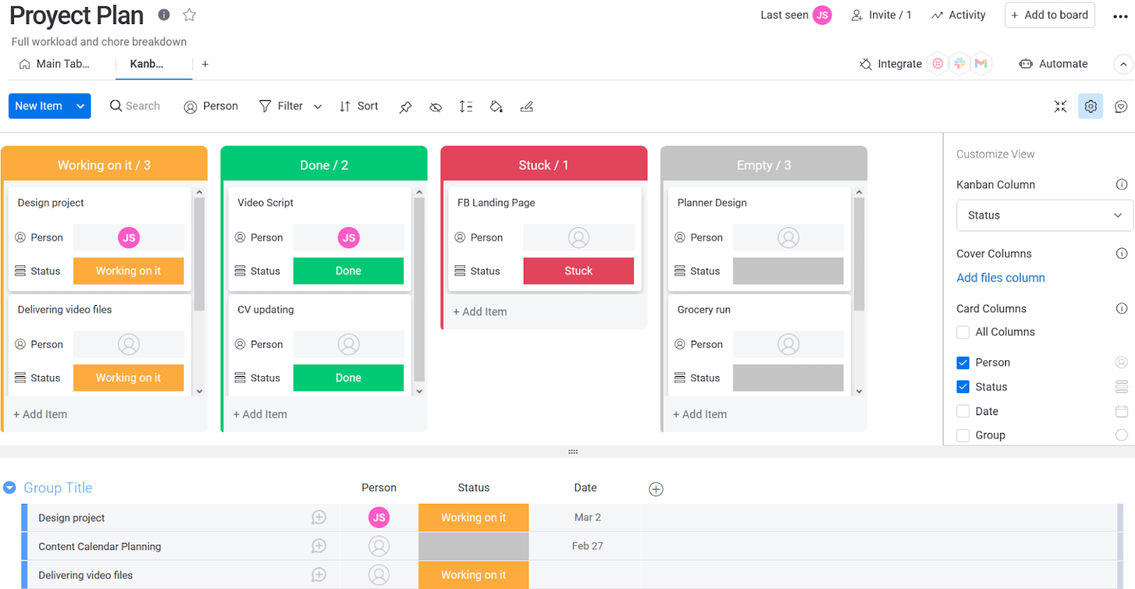 monday.com Kanban nézet