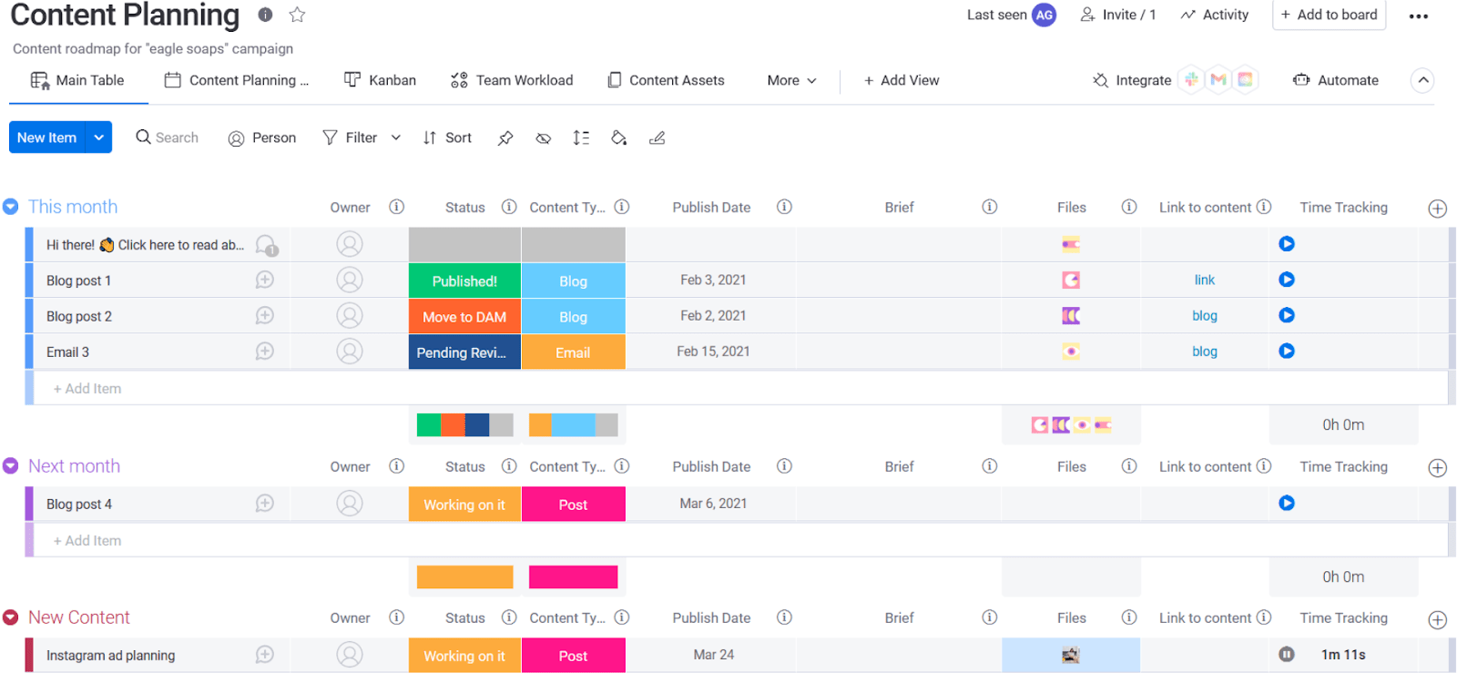 monday.com content planning table