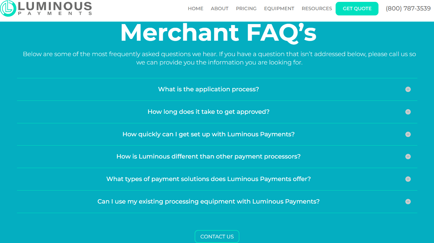 Luminous Payments' FAQ page