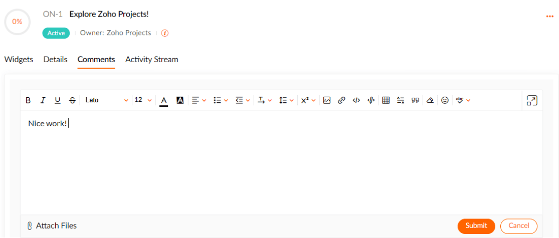 Zoho Projects Dashboard Comment Section