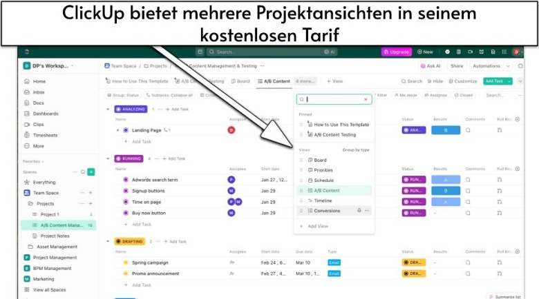 ClickUp bietet mehrere Projektansichten in seinem kostenlosen Tarif