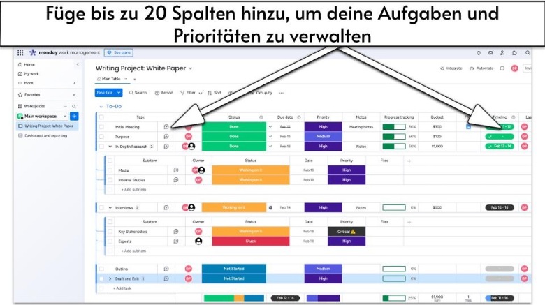 Füge bis zu 20 Spalten hinzu, um deine Aufgaben und Prioritäten zu verwalten