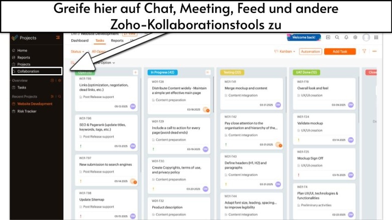 Greife hier auf Chat, Meeting, Feed und andere Zoho-Kollaborationstools zu