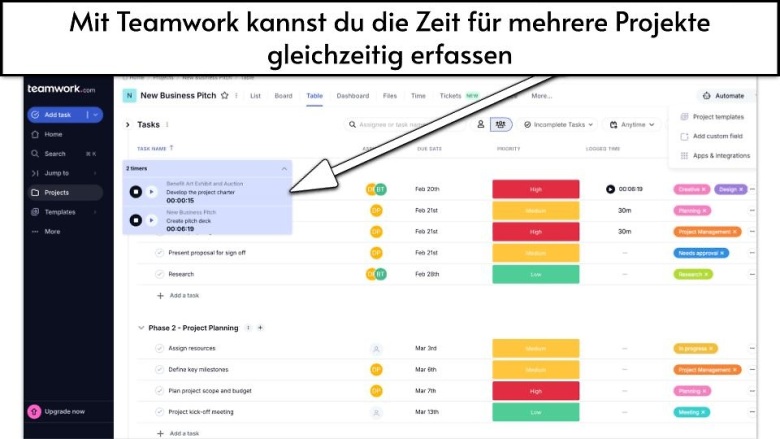 Mit Teamwork kannst du die Zeit für mehrere Projekte gleichzeitig erfassen