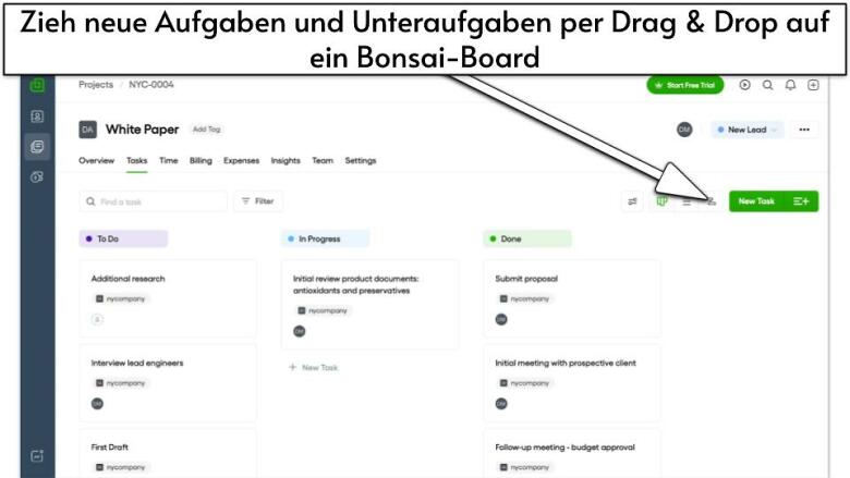 Zieh neue Aufgaben und Unteraufgaben per Drag & Drop auf ein Bonsai-Board