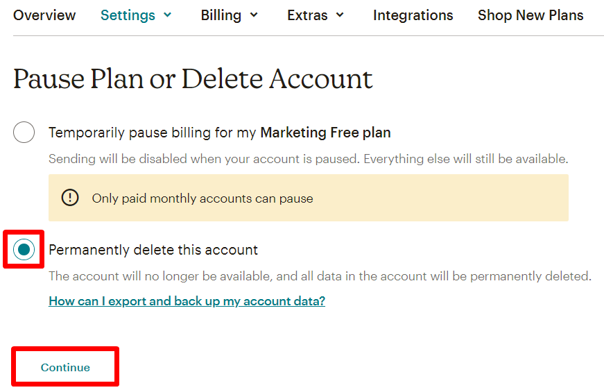 Mailchimp delete account window