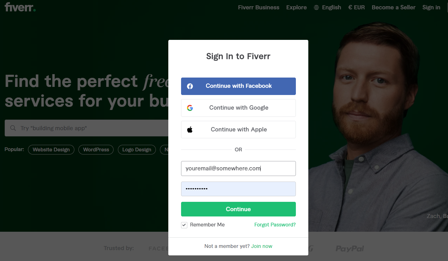 Fiverr login page