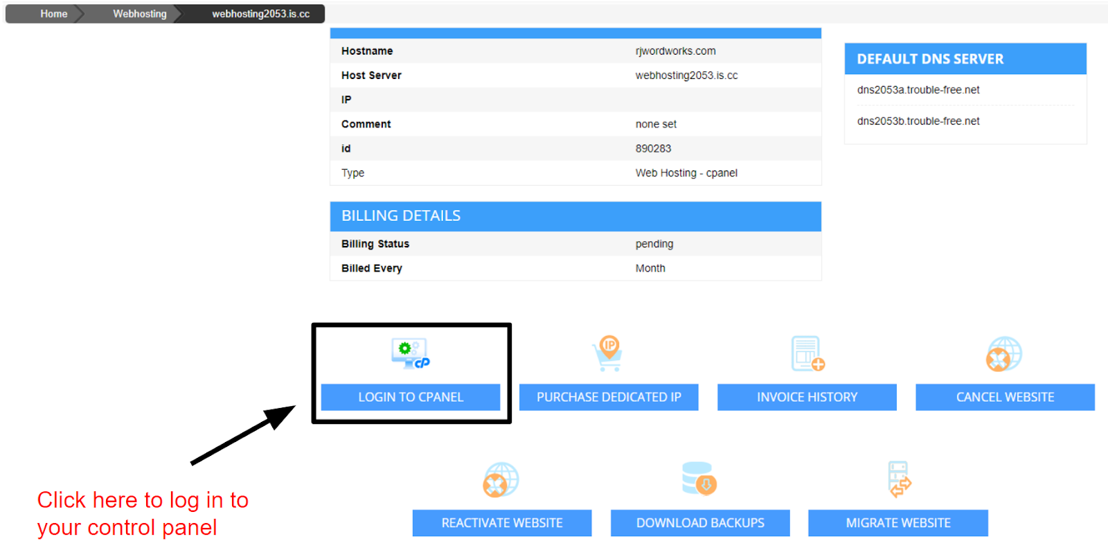 Arrow locating the control panel login button on InterServer's dashboard