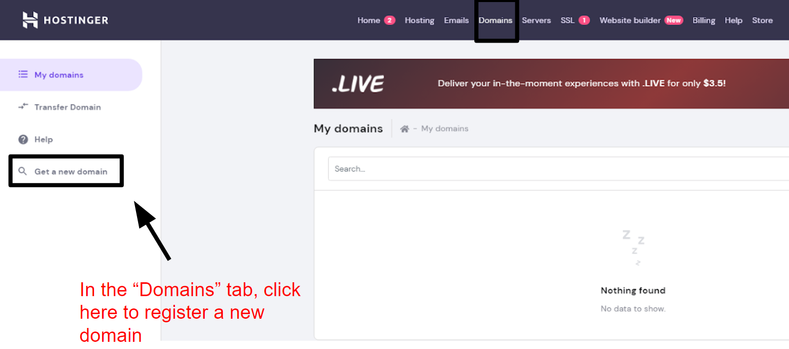 Arrow locating the domain registration button on Hostinger's dashboard