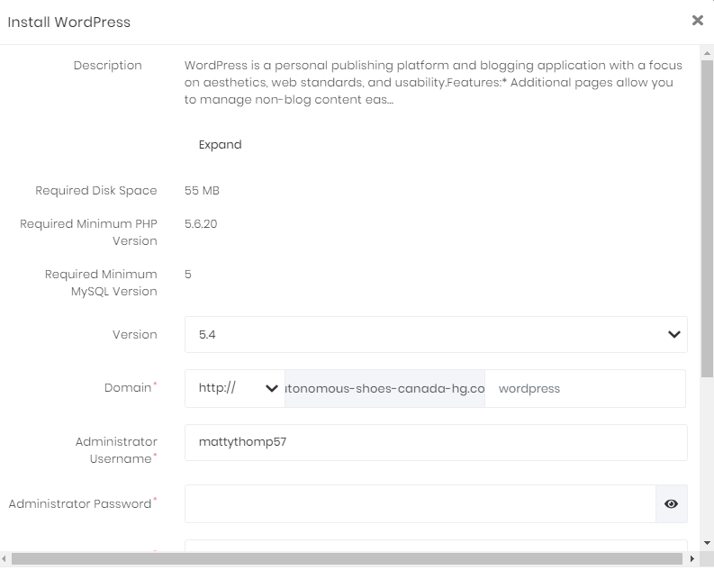 WordPress installation settings in the Hostinger app installer