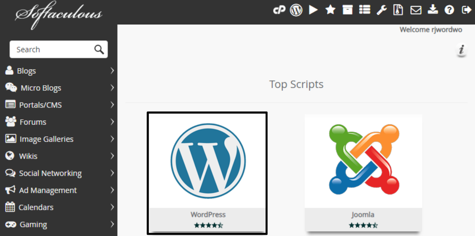 Screenshot of WordPress in the Softaculous app installer