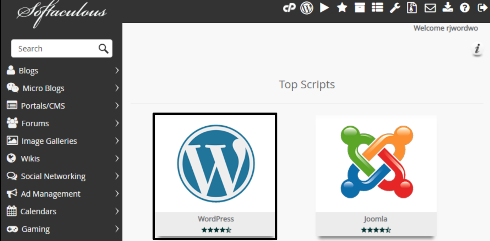 Screenshot of WordPress in the Softaculous app installer