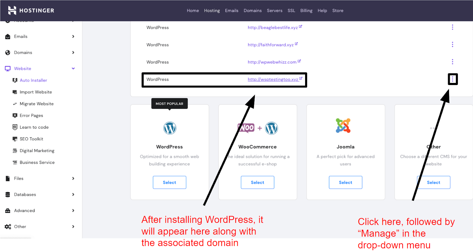 Screenshot of a WordPress installation within Hostinger