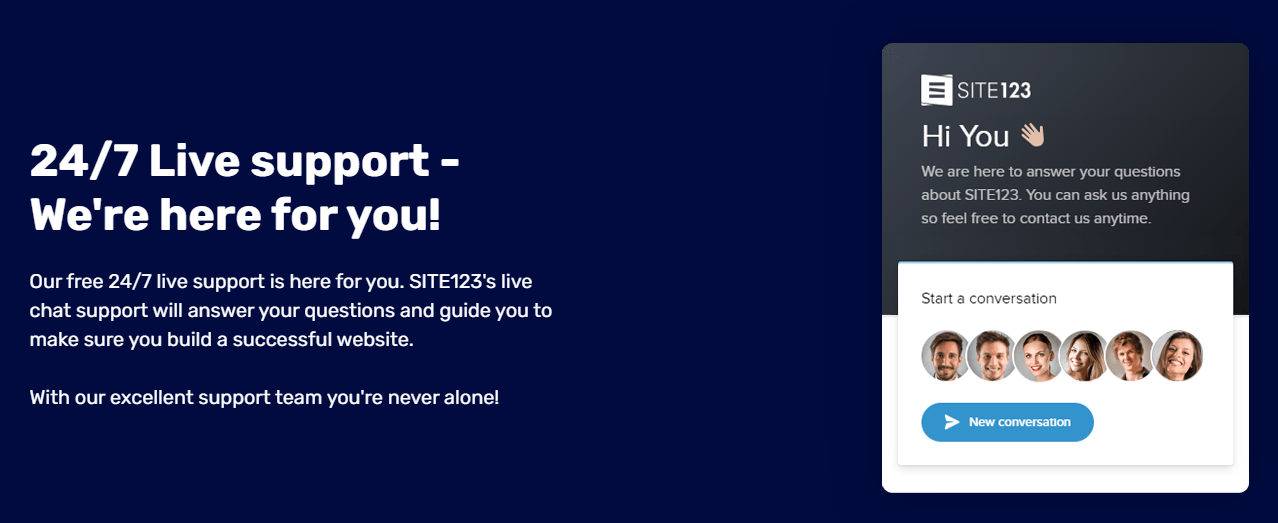 Cuplikan layar pada informasi tentang layanan dukungan SITE123