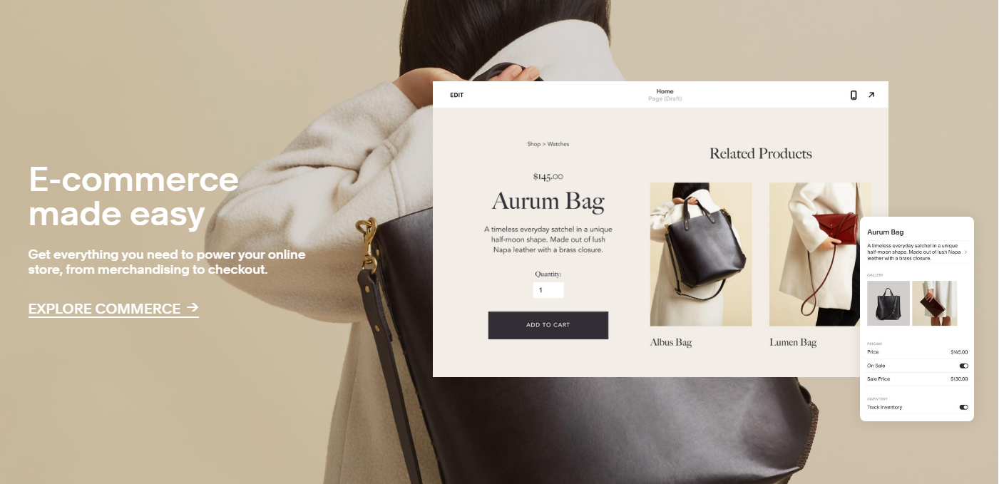 Screenshot of Squarespace ecommerce features