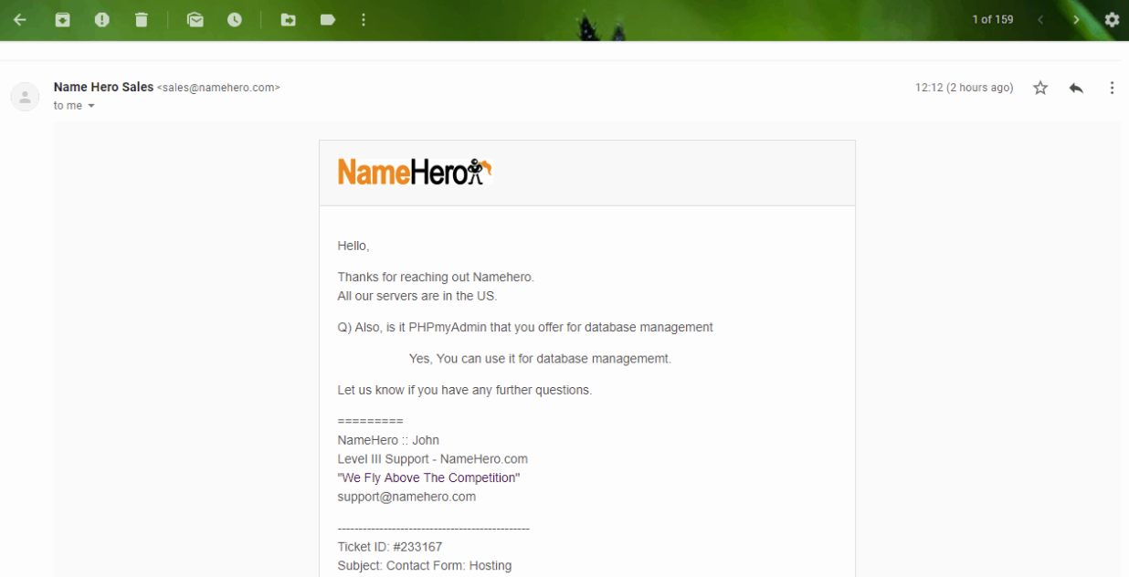 NameHero's email from customer support