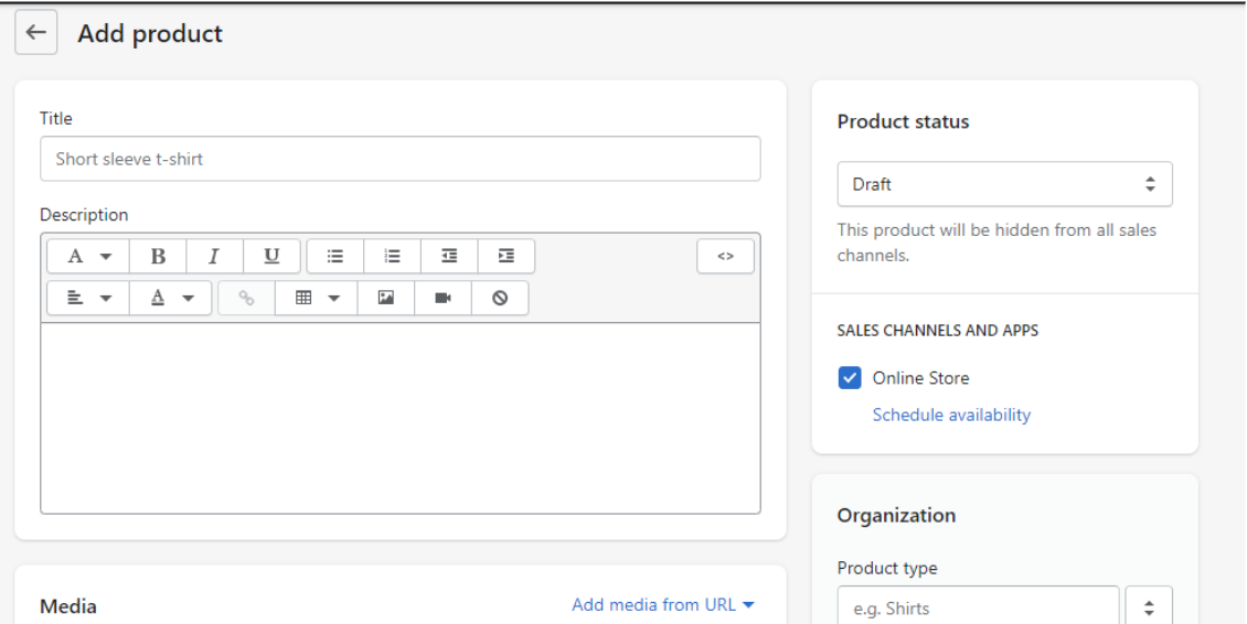 Shopify's Interface for Adding Products