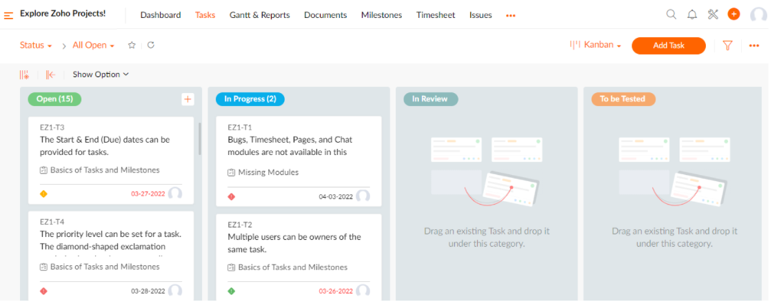 Zoho Projects Kanban View